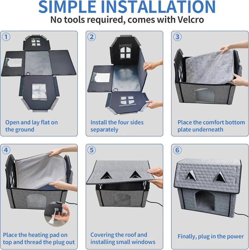 Heated Cat House for Indoor & Outdoor Use – Foldable Waterproof Bed with Smart Thermostat & Cozy Windows – Includes Removable Heating Pad for Cats & Puppies