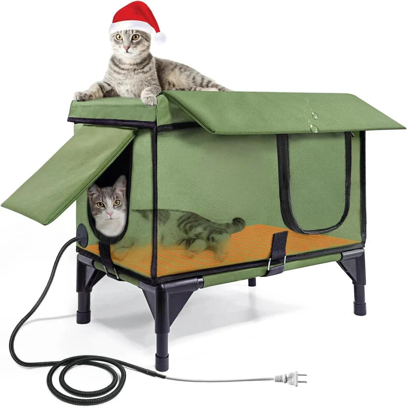 Outdoor Heated Cat House – Waterproof Winter Shelter with Rainproof Roof, Dual Escape Doors & Safe Heating Pad for Feral and Stray Cats