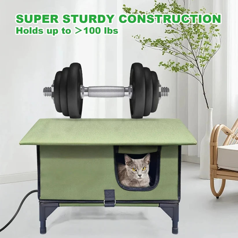 Outdoor Heated Cat House – Waterproof Winter Shelter with Rainproof Roof, Dual Escape Doors & Safe Heating Pad for Feral and Stray Cats