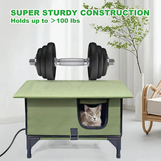 Outdoor Heated Cat House – Waterproof Winter Shelter with Rainproof Roof, Dual Escape Doors & Safe Heating Pad for Feral and Stray Cats