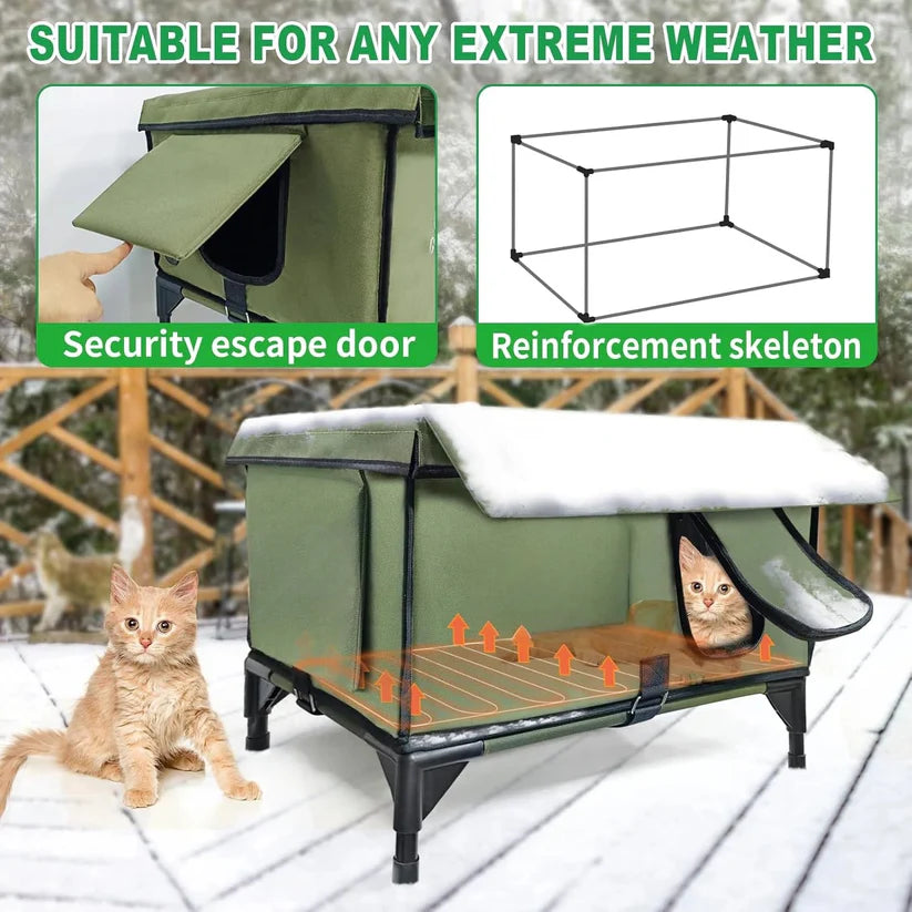 Outdoor Heated Cat House – Waterproof Winter Shelter with Rainproof Roof, Dual Escape Doors & Safe Heating Pad for Feral and Stray Cats