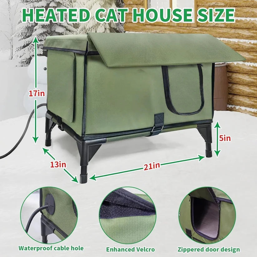 Outdoor Heated Cat House – Waterproof Winter Shelter with Rainproof Roof, Dual Escape Doors & Safe Heating Pad for Feral and Stray Cats