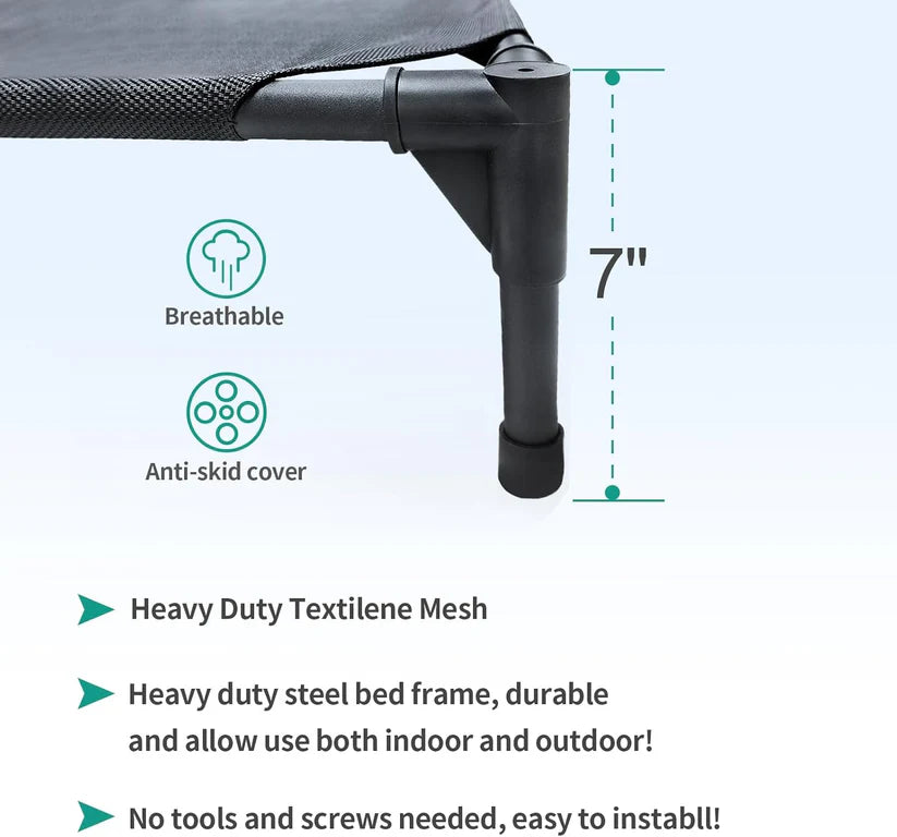 Medium Elevated Dog Bed (32x25x8in) – Raised Outdoor Pet Cot with Breathable Mesh, Waterproof Steel Frame & Non-Slip Feet – Supports Up to 80 lbs – Black