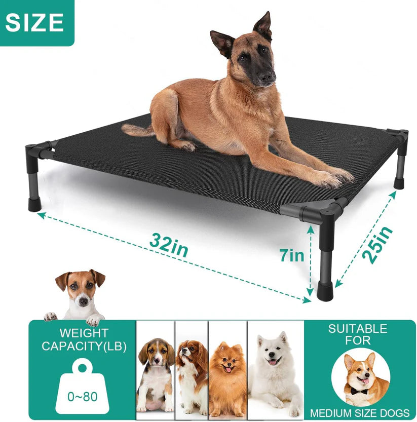 Medium Elevated Dog Bed (32x25x8in) – Raised Outdoor Pet Cot with Breathable Mesh, Waterproof Steel Frame & Non-Slip Feet – Supports Up to 80 lbs – Black