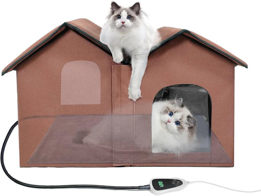 Large Heated Cat House – Indoor & Outdoor Pet Shelter with Smart Thermostat, Dual Rooms & Removable Heating Pad – Waterproof & Foldable Design