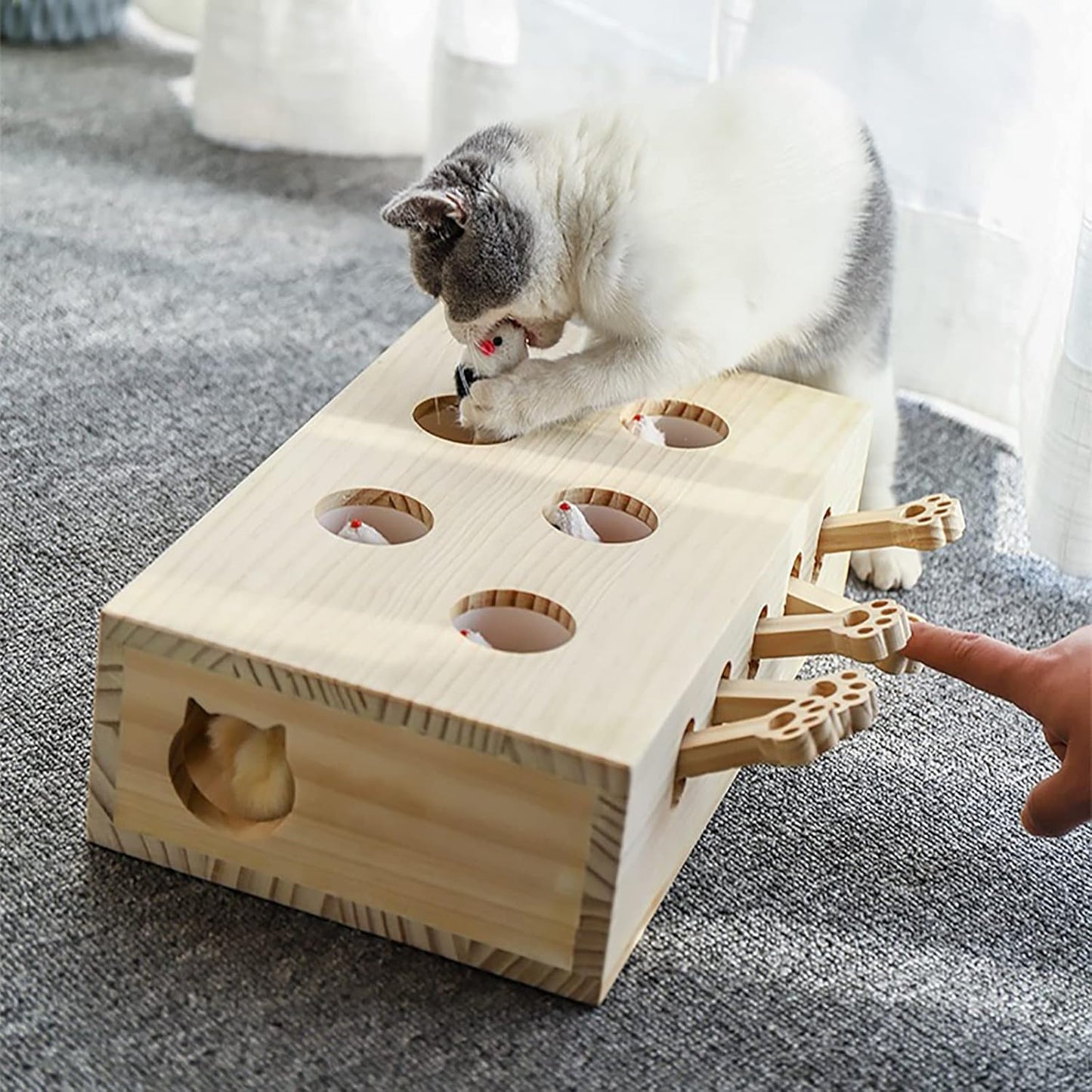 Interactive Wooden Whack-A-Mouse Cat Toy – Smart Cat Enrichment & Paw Training Game
