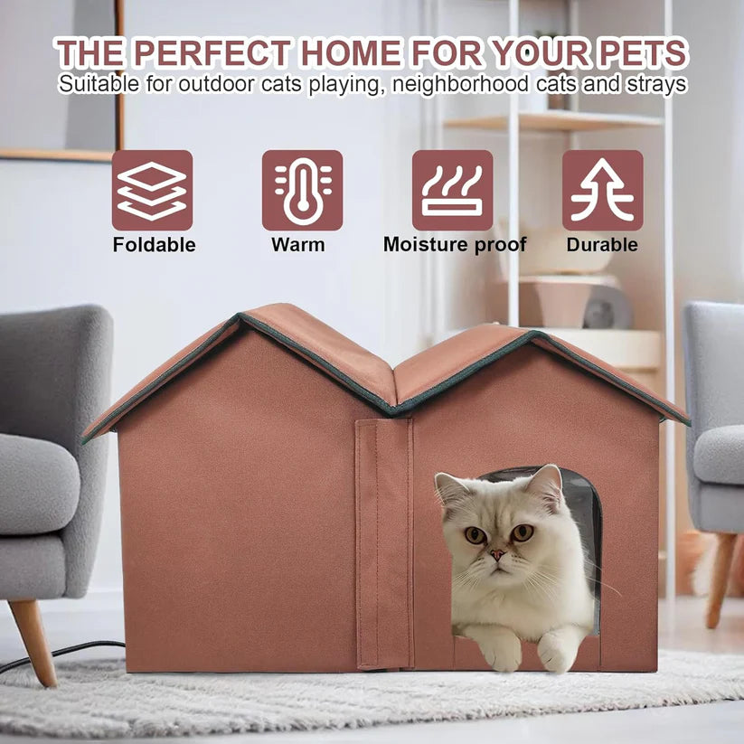 Large Heated Cat House – Indoor & Outdoor Pet Shelter with Smart Thermostat, Dual Rooms & Removable Heating Pad – Waterproof & Foldable Design
