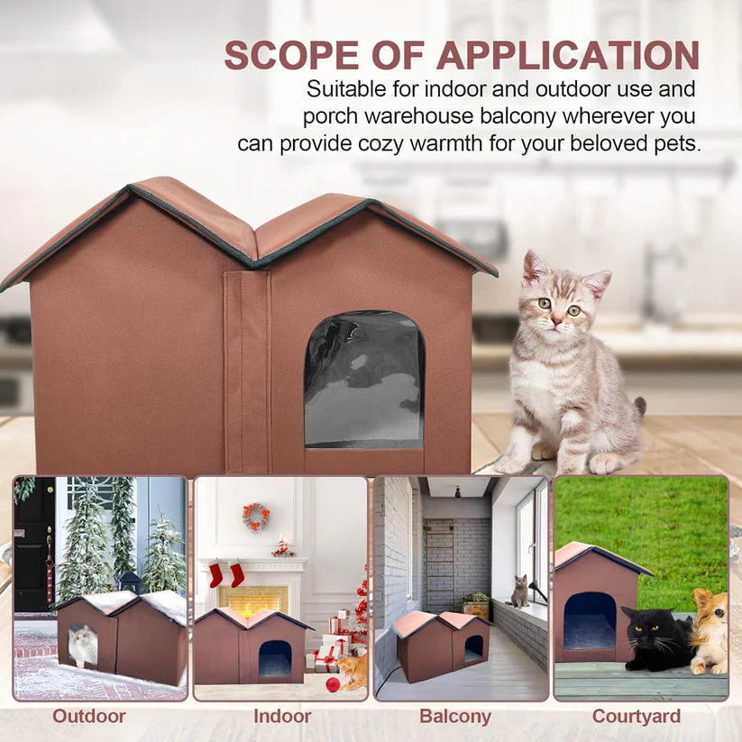 Large Heated Cat House – Indoor & Outdoor Pet Shelter with Smart Thermostat, Dual Rooms & Removable Heating Pad – Waterproof & Foldable Design