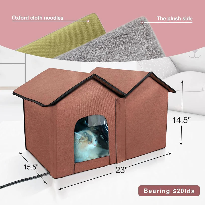 Large Heated Cat House – Indoor & Outdoor Pet Shelter with Smart Thermostat, Dual Rooms & Removable Heating Pad – Waterproof & Foldable Design