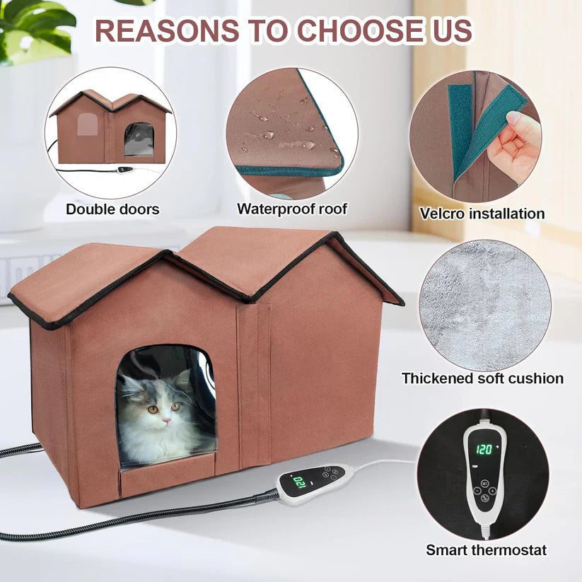 Large Heated Cat House – Indoor & Outdoor Pet Shelter with Smart Thermostat, Dual Rooms & Removable Heating Pad – Waterproof & Foldable Design