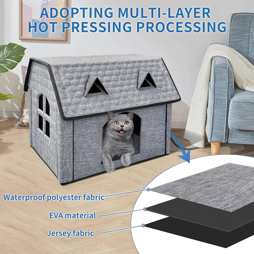 Heated Cat House for Indoor & Outdoor Use – Foldable Waterproof Bed with Smart Thermostat & Cozy Windows – Includes Removable Heating Pad for Cats & Puppies