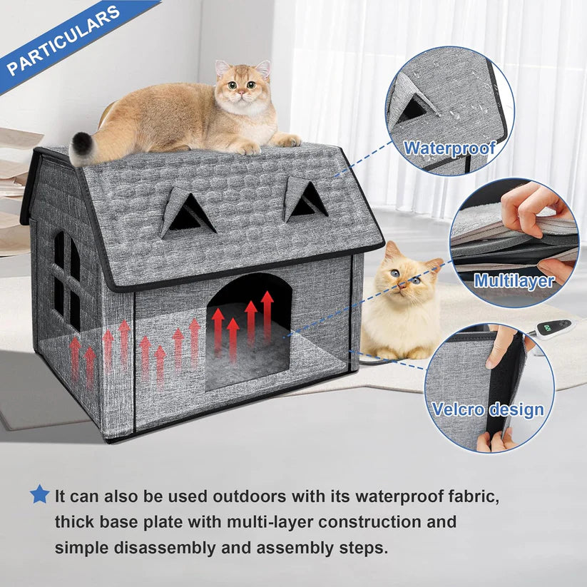 Heated Cat House for Indoor & Outdoor Use – Foldable Waterproof Bed with Smart Thermostat & Cozy Windows – Includes Removable Heating Pad for Cats & Puppies