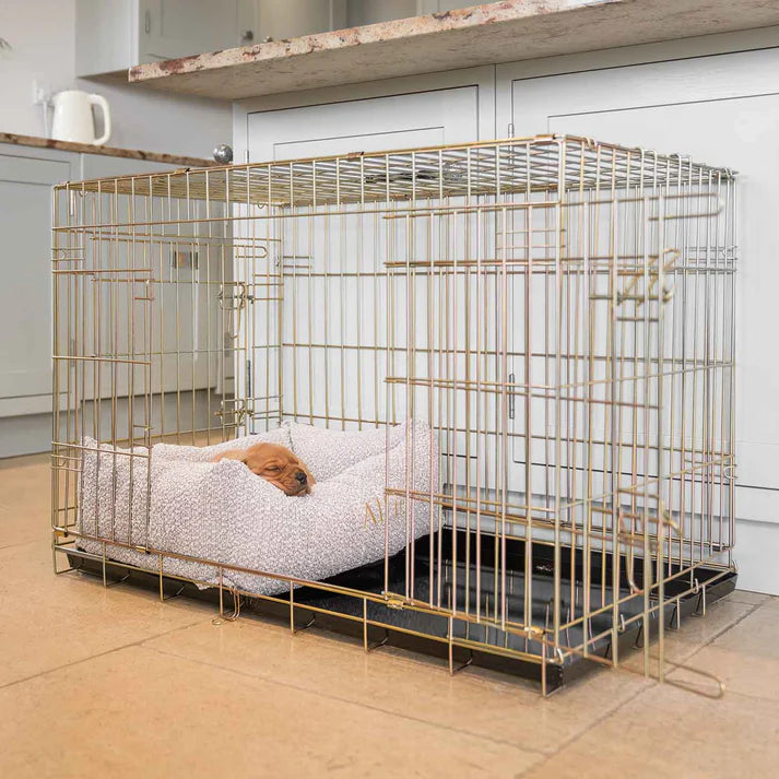 Luxury Gold Dog Crate with Bouclé Cushion – Foldable Metal Pet Cage with Cozy Calming Bed for Puppies & Small Dogs