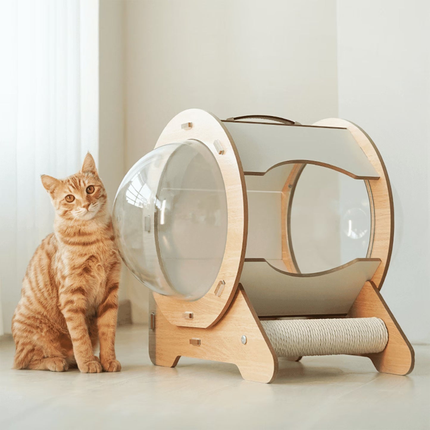 Modern Cat Pod House – Luxury Wooden Cat Bed with Scratch Post & Transparent Bubble Windows