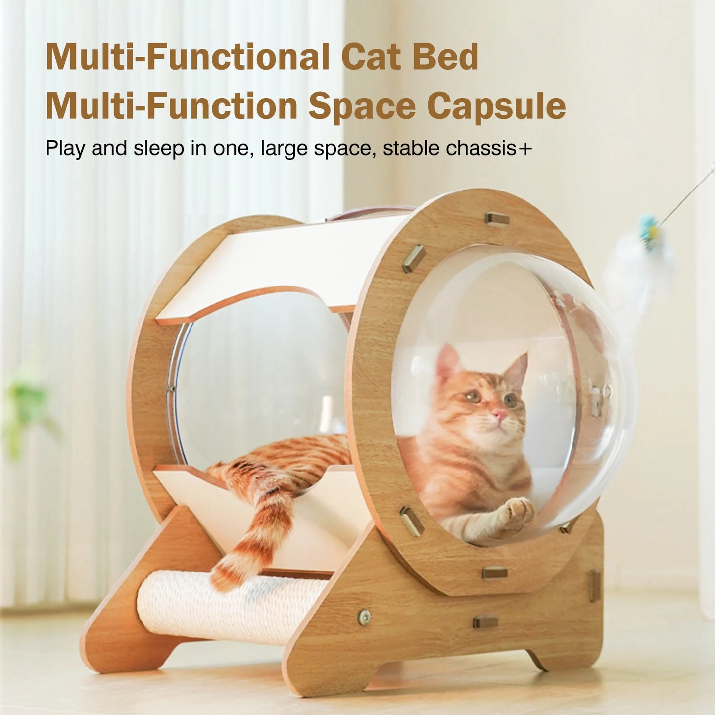 Modern Cat Pod House – Luxury Wooden Cat Bed with Scratch Post & Transparent Bubble Windows