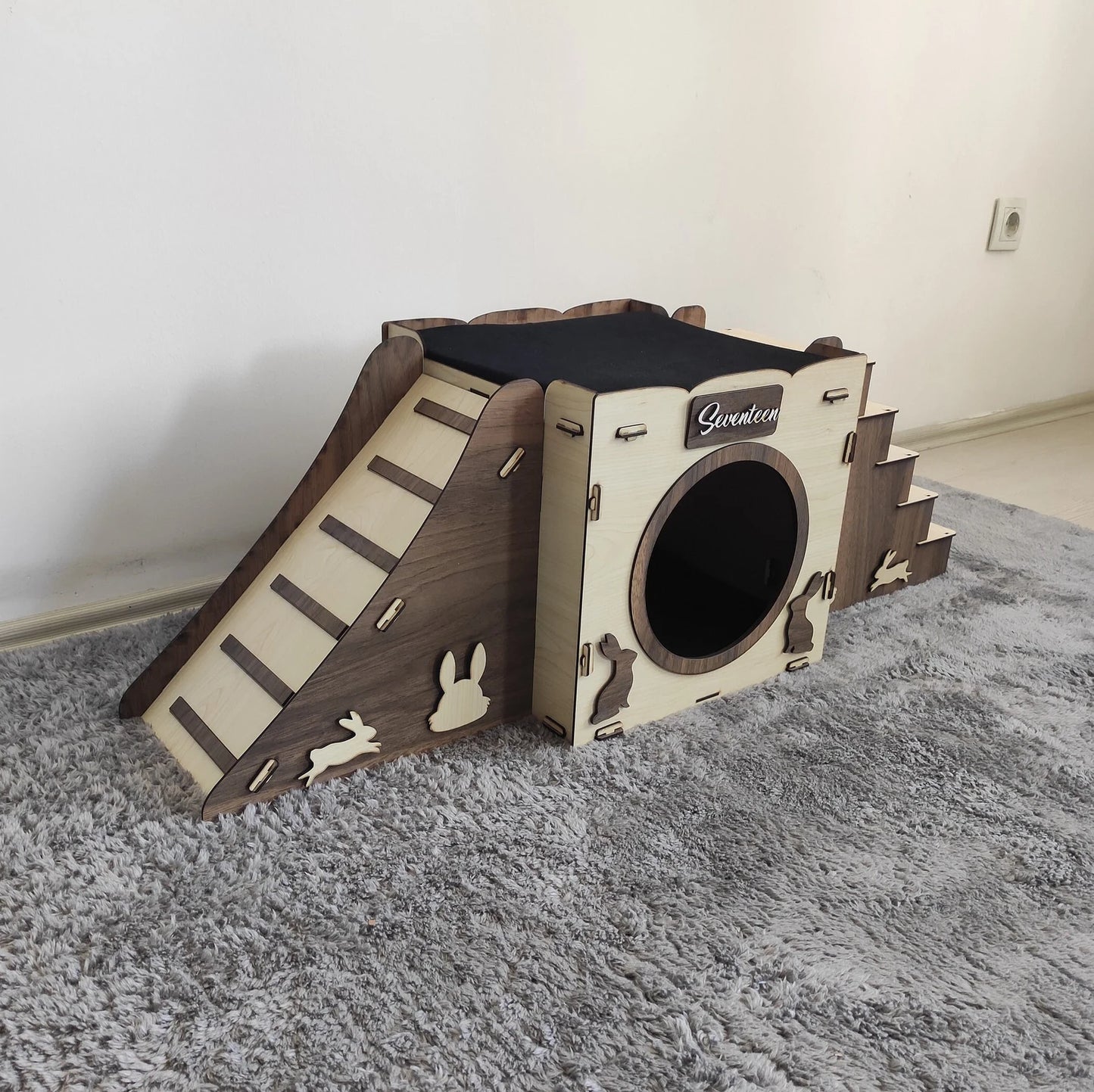 Modern Two-Story Wooden Rabbit & Small Pet Castle – Indoor Playhouse & Cozy Bed Furniture