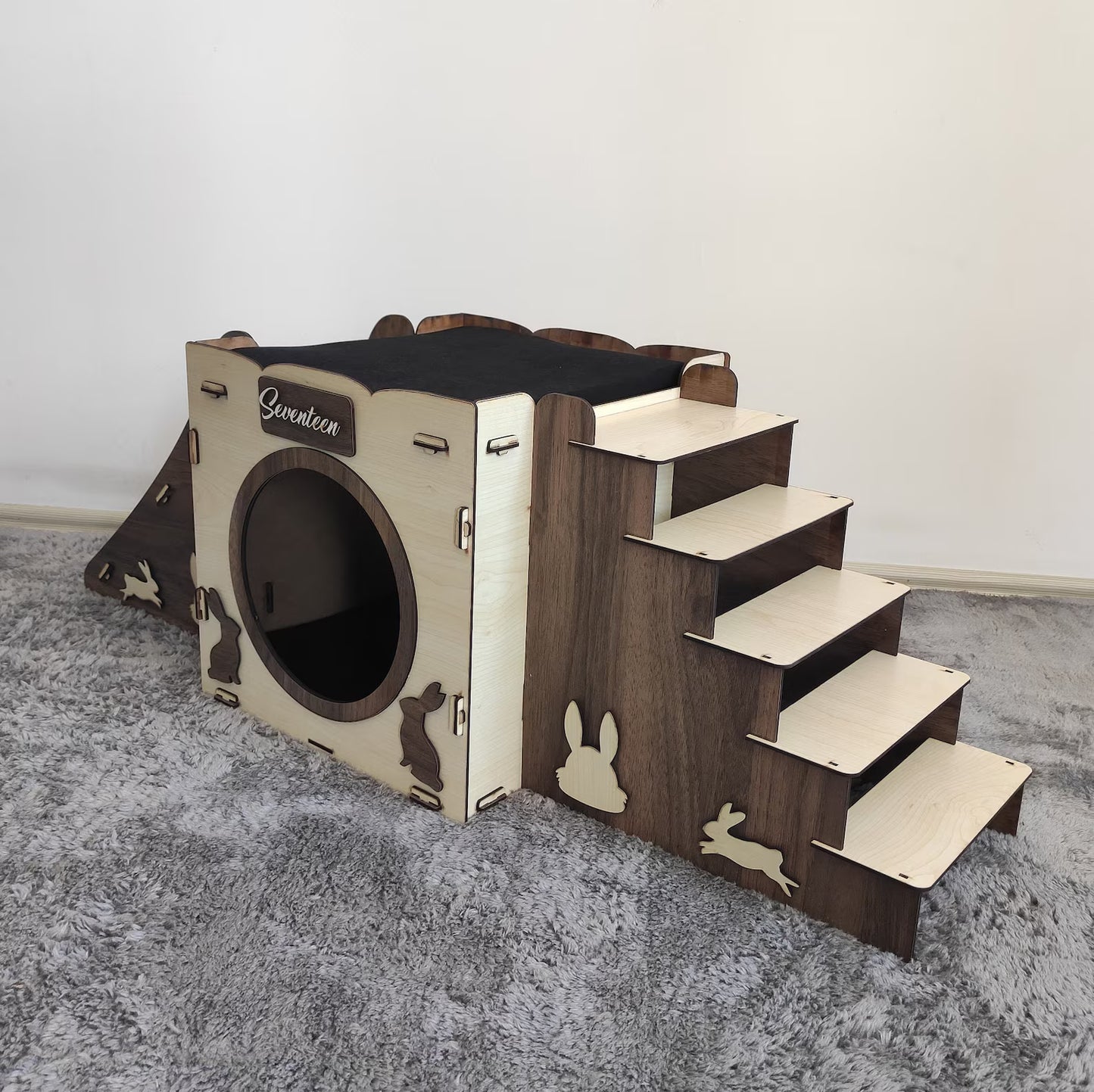 Modern Two-Story Wooden Rabbit & Small Pet Castle – Indoor Playhouse & Cozy Bed Furniture