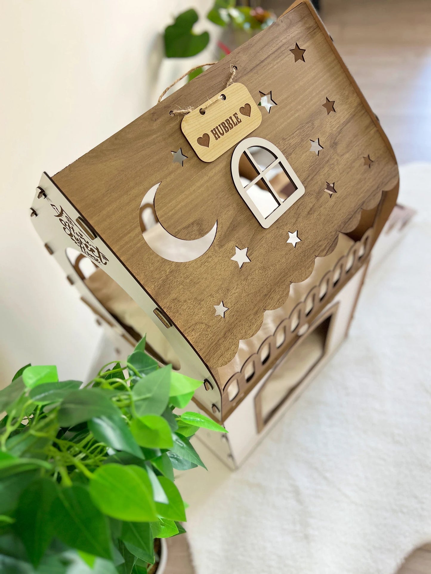 Modern Two-Storey Wooden Pet House – Indoor Castle for Rabbits, Cats & Small Pets | Cozy Multi-Level Bed & Play Furniture