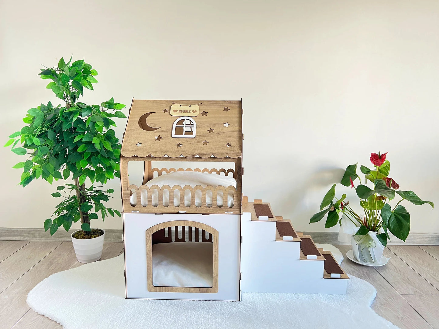 Modern Two-Storey Wooden Pet House – Indoor Castle for Rabbits, Cats & Small Pets | Cozy Multi-Level Bed & Play Furniture