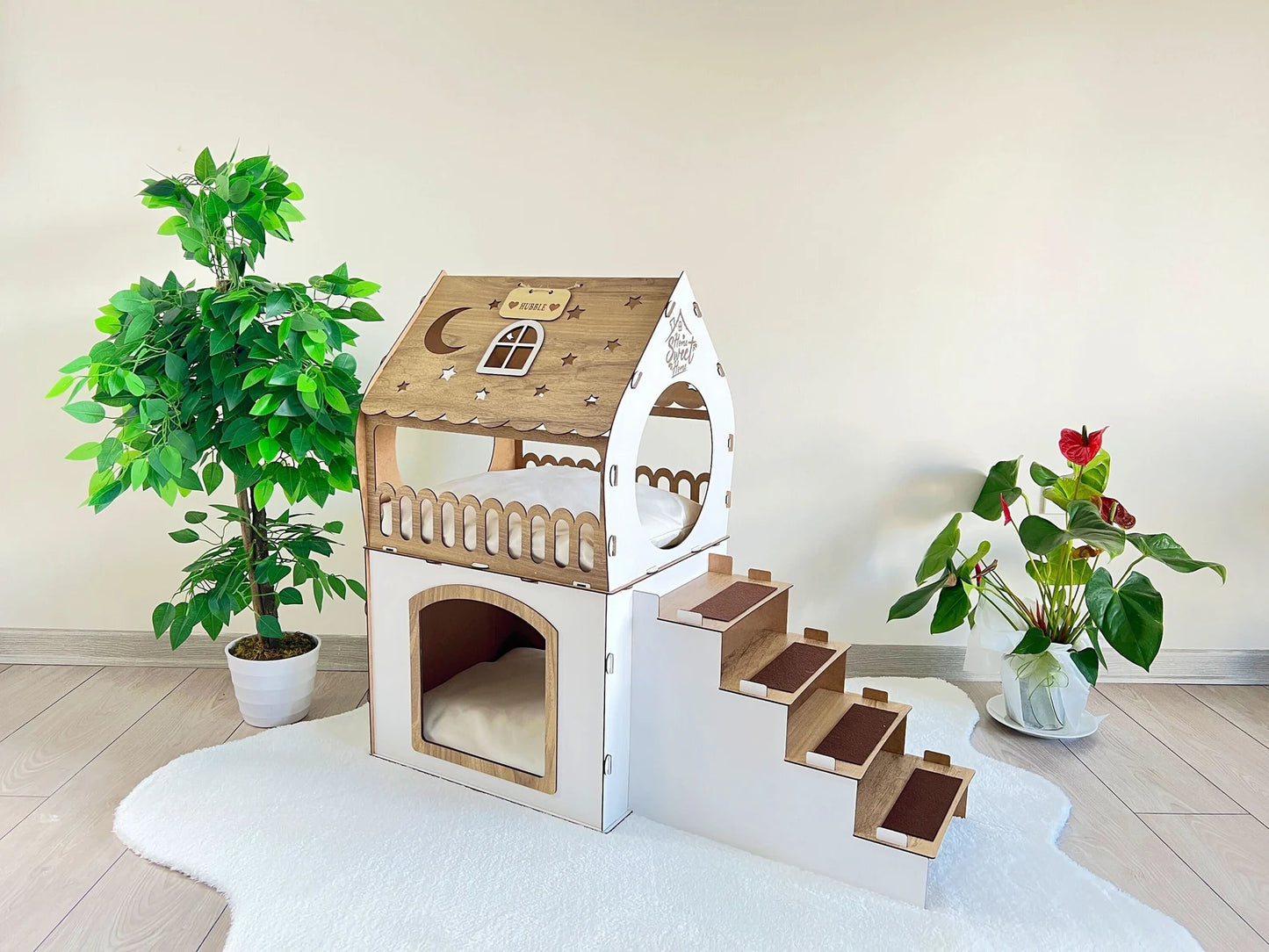 Modern Two-Storey Wooden Pet House – Indoor Castle for Rabbits, Cats & Small Pets | Cozy Multi-Level Bed & Play Furniture
