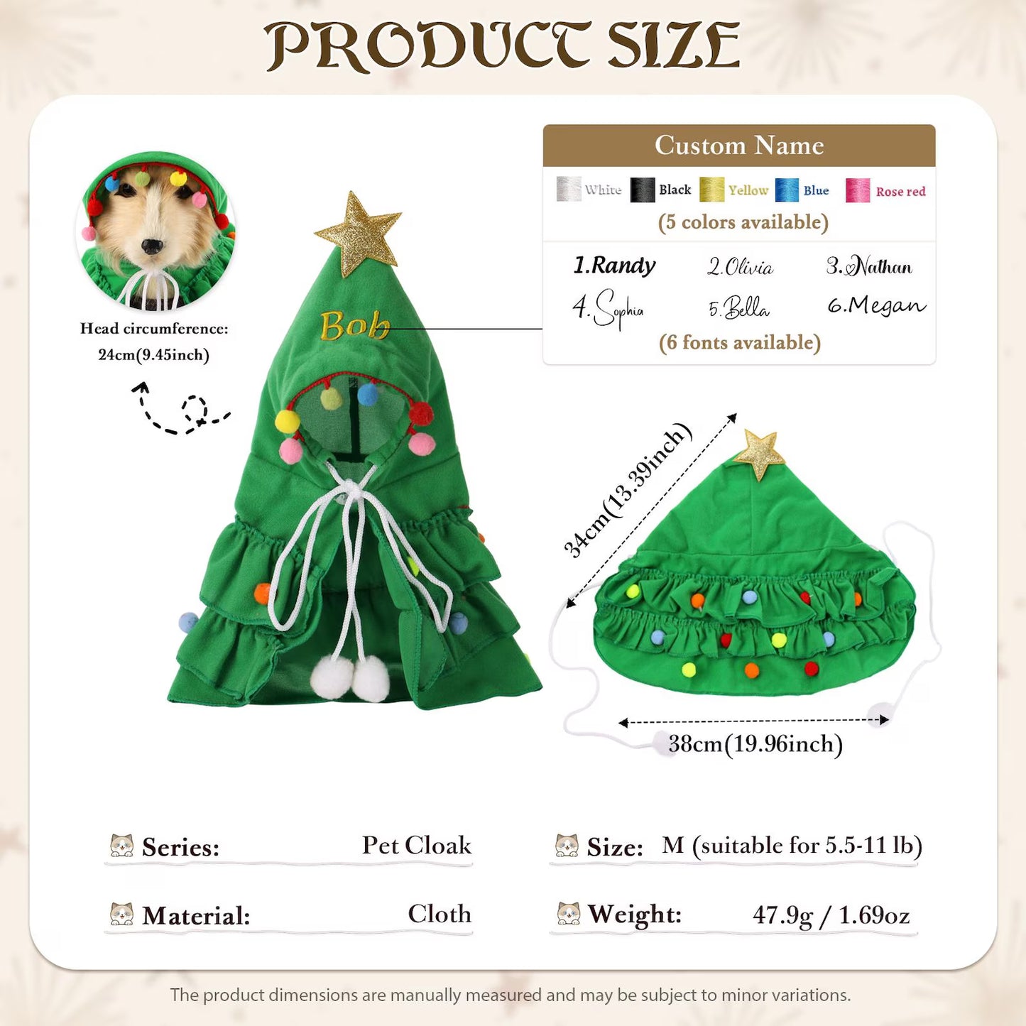 Personalized Christmas Pet Name Cape – Custom Holiday Outfit for Dogs & Cats | Festive Christmas Tree Costume